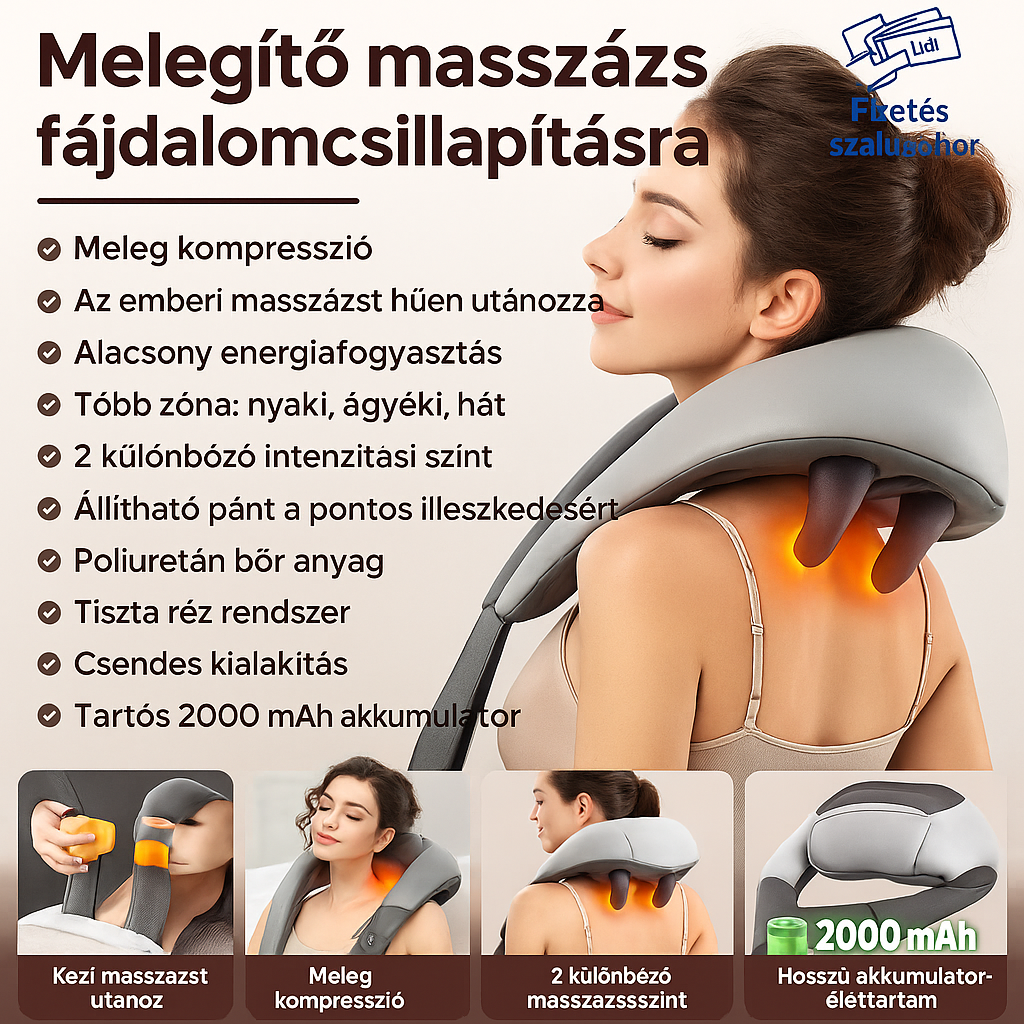 RelaxU® Nyakmasszírozó Készülék Izomlazításhoz, Fűtési Funkcióval